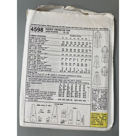 70s McCalls 4598 Sewing Pattern Size 16 Misses Dress Top Pants Vintage 1975 CUT - Picture 3 of 6
